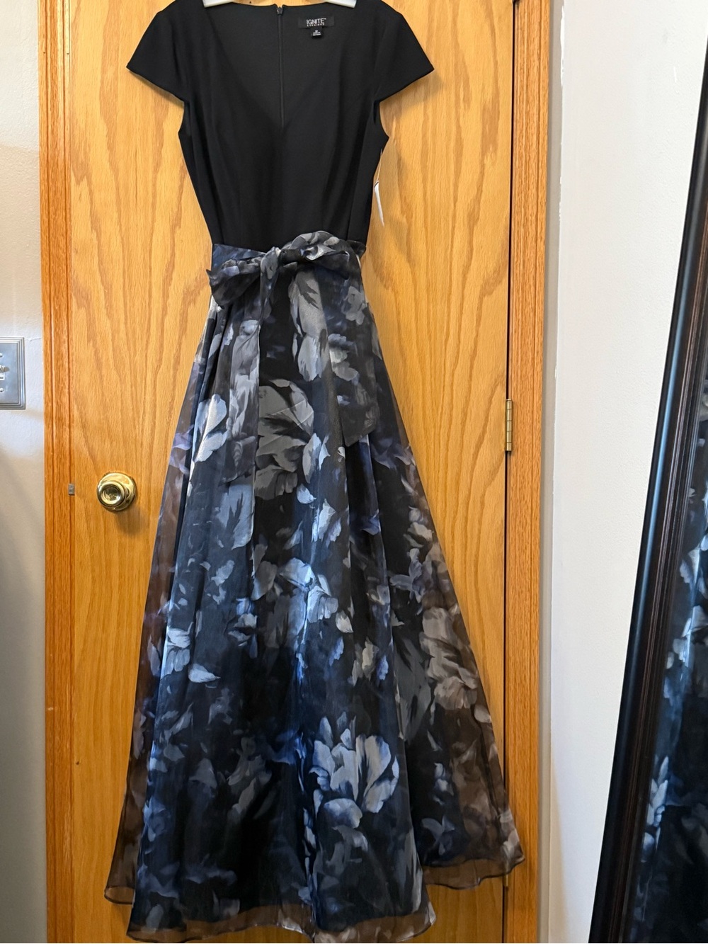 Black Bodice Maxi Dress with Blue Floral Skirt